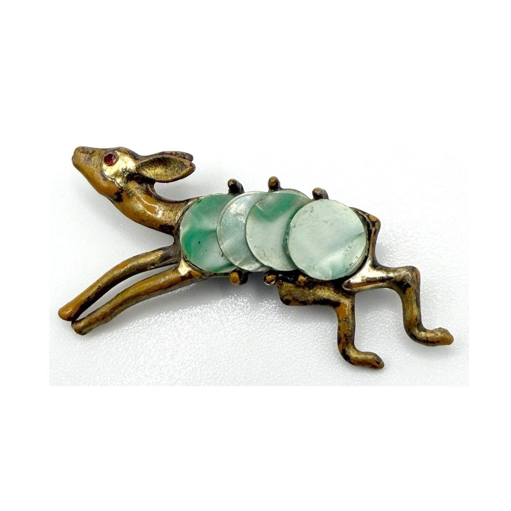 Vintage Figural Deer Brooch Pale Green Disc Gold Tone Running Animal Pin 2"